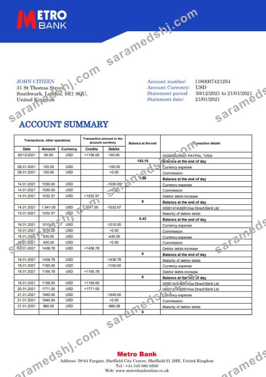 United Kingdom Metro Bank statement template in Word and PDF format